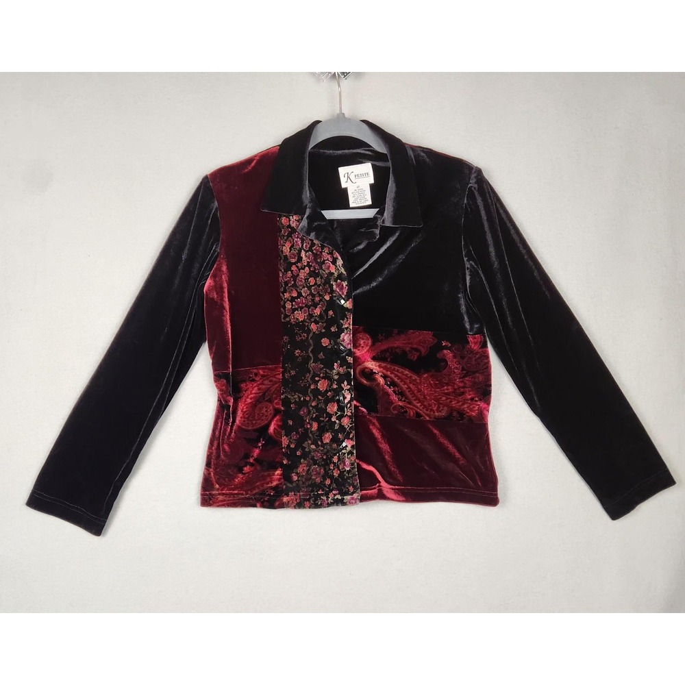 K Petite Jacket Womens 4P Black Red Velvet Patchwork Paisley Floral Collared